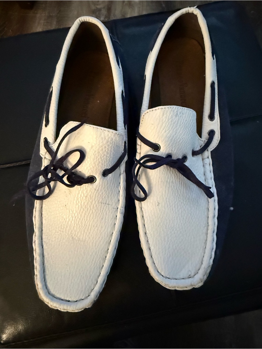 Franco Vanucci Mens White and Navy Leather Slip-On Boat Loafers 8
